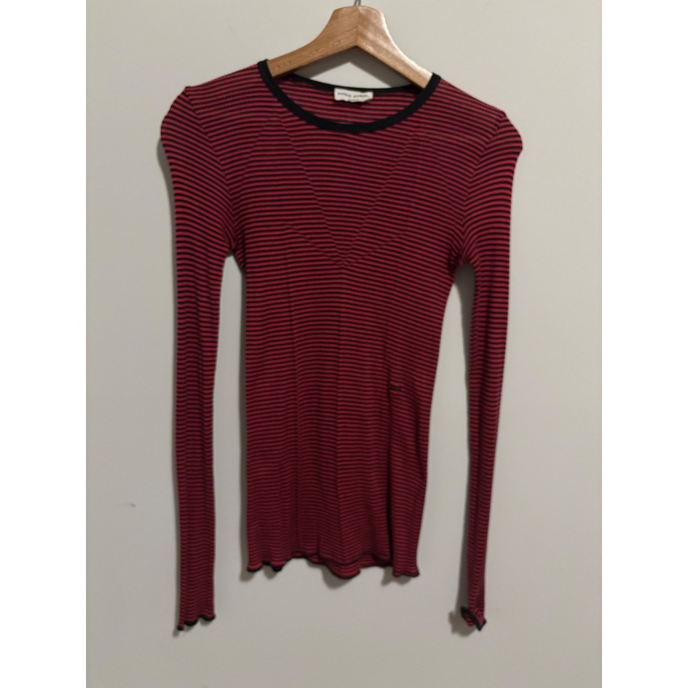 Sonia Rykiel Paris Red Black Striped Long Sleeve Knit Top Lettuce Edge Small/med
